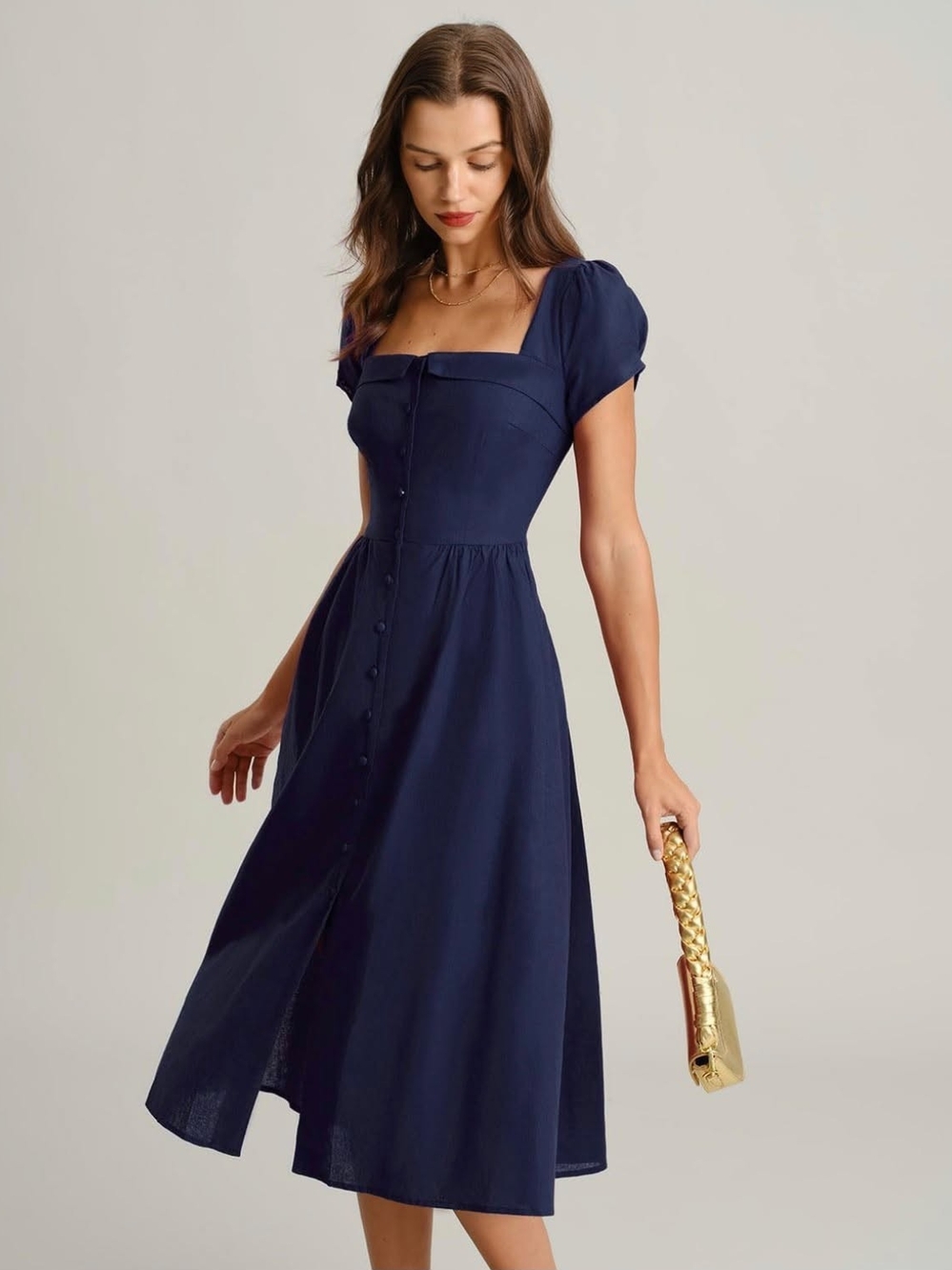 RIHOAS Navy Square-Neck Button-Front Midi Dress with Puff Sleeves